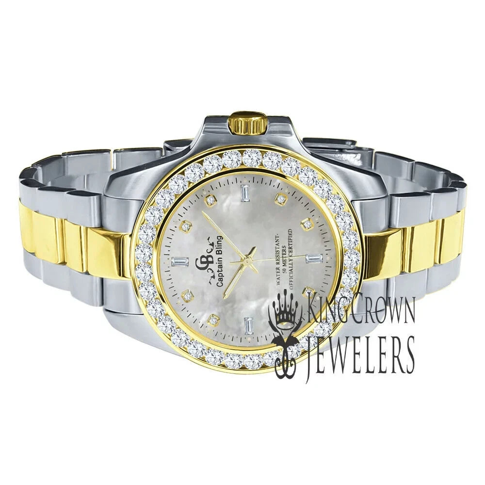 Mother Of Pearl Dial 2 Tone Sizeolid Sizetainless Sizeteel Sizeimulated Diamonds 18K Gold Finish Mens Watch