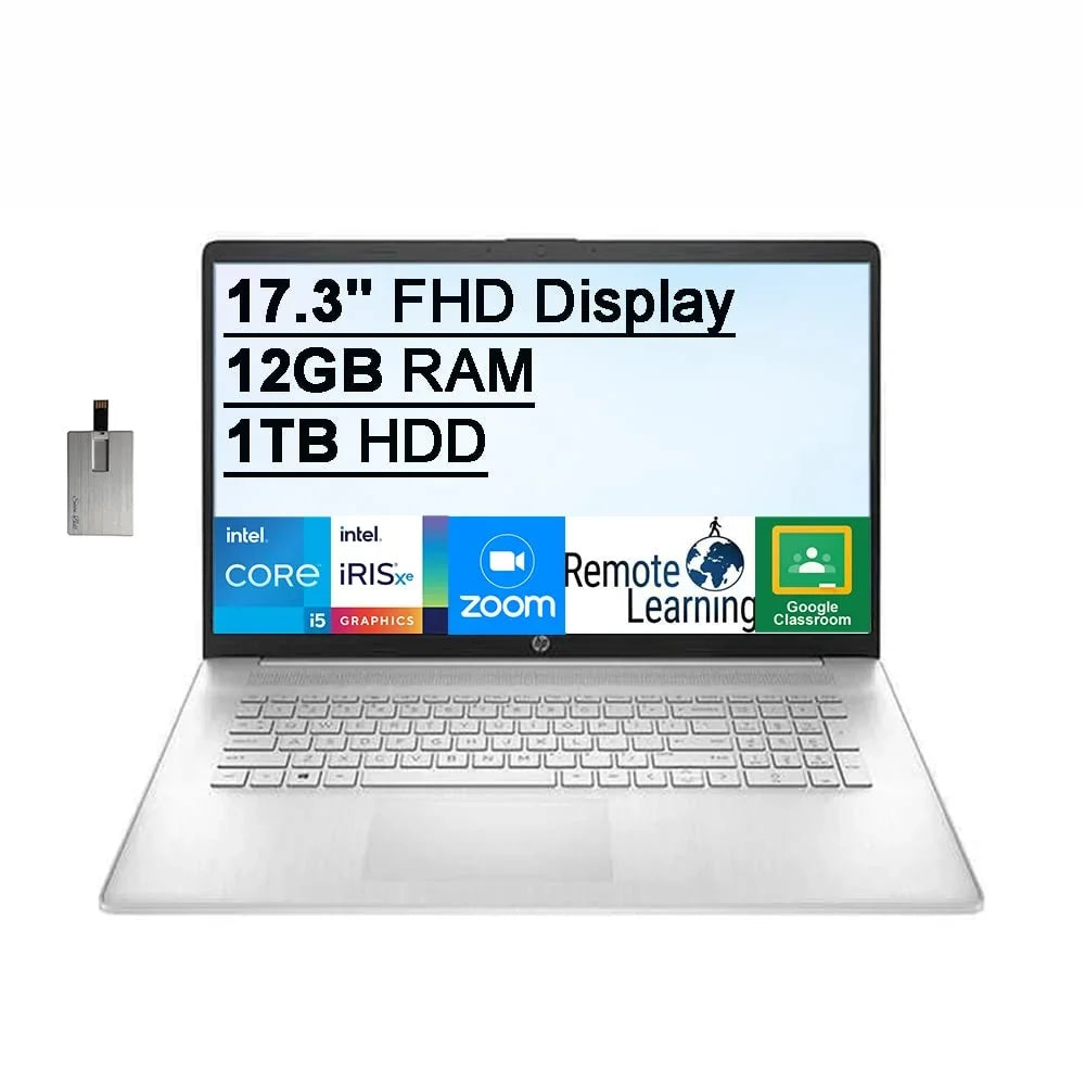 2021 HP 17.3" FHD IPSize 250 Nits Laptop Computer, 11th Gen Intel Core i5-1155G7 Processor, 12GB RAM, 1TB HDD, Backlit Keyboard, Intel Iris Xe Graphics, HD Webcam, HD Audio, Win 11, Sizeilver, 32GB USizeB Card