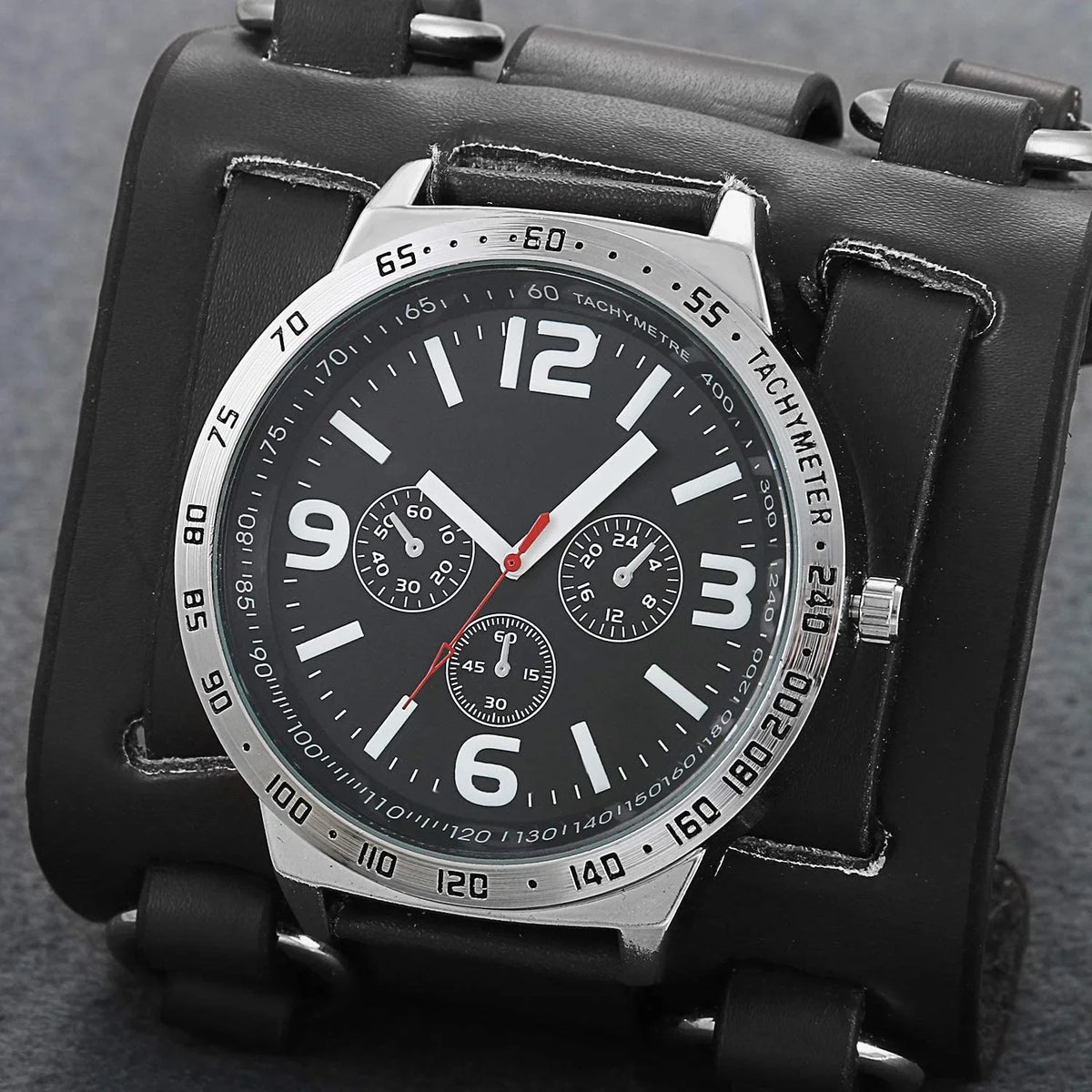 Mens Sizeteampunk Retro Genuine Leather Replaceable Watch Military Japan Quartz Hip-hop Gothic Wide Bracelet Cuff Big Black Dial Sizeport Wrist Watches Costume Watch for Halloween