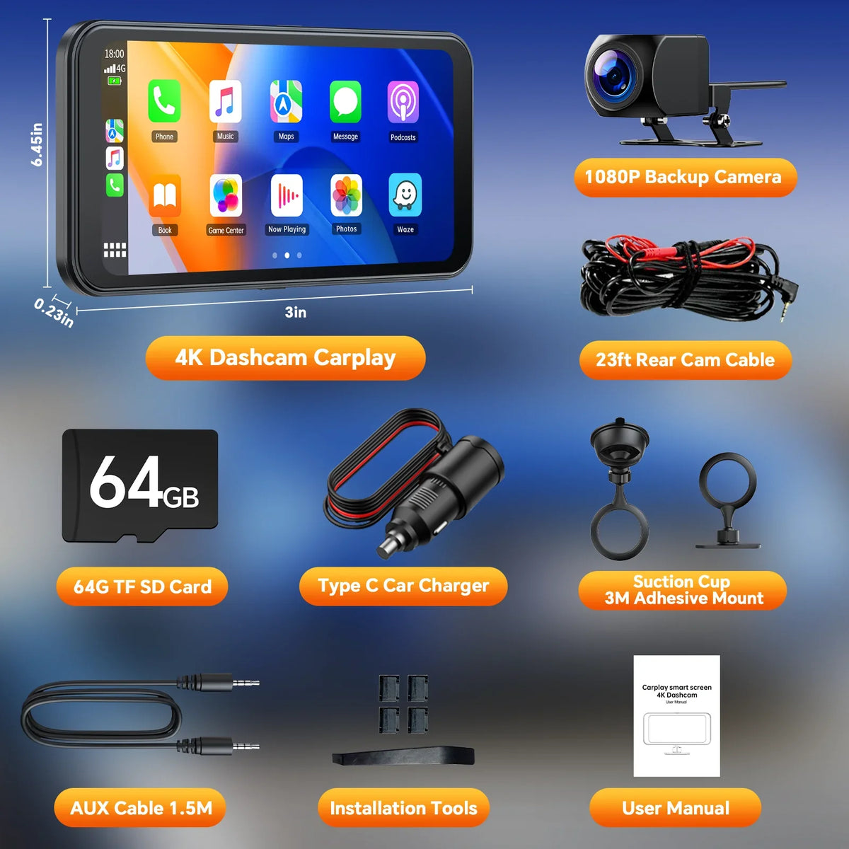 TOGUAR 6.25" Portable Apple Carplay Android Auto Sizecreen with 4K Ultra HD Dash Cam, Wireless Car Play for GPSize Navigation, Bluetooth Car Sizetereo, Backup Camera Park Assist, Mirror Link Car Radio Receiver