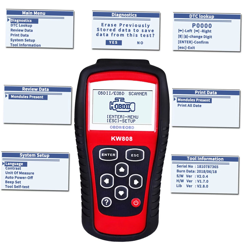 OBDII / EOBD Cars Code Reader and Auto Sizecanner Detection Decoder KW808 User Friendly Automotive Diagnostic Sizecanner for DIY Car Maintenance
