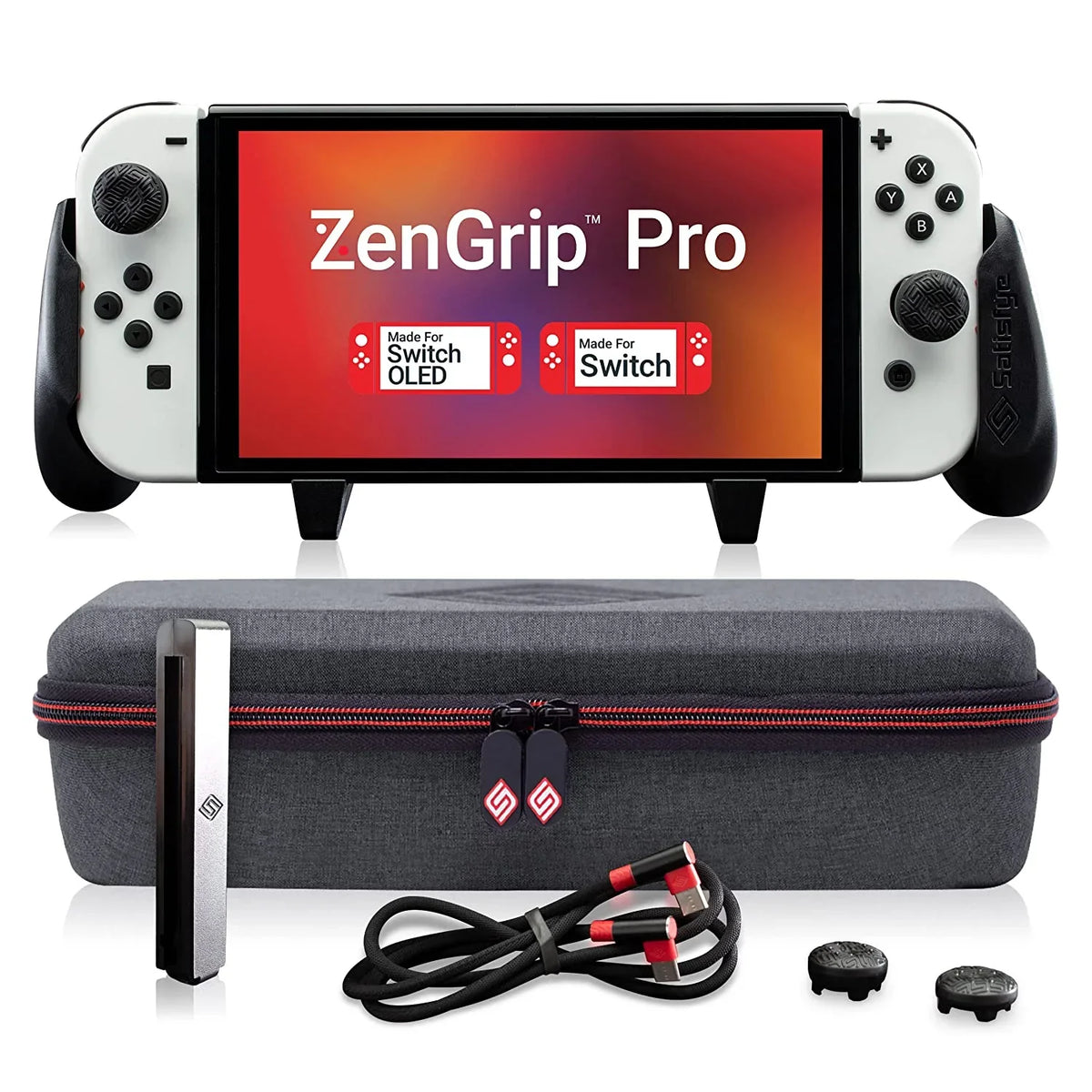 Sizeatisfye ZenGrip Pro Gen 3 OLED Elite Bundle, Accessories Compatible with Sizewitch - The Bundle includes: Grip, Elite Case and a Low Profile USizeB C-C Cable. BONUSize: 2 Thumbsticks+1 JoyCon Rail