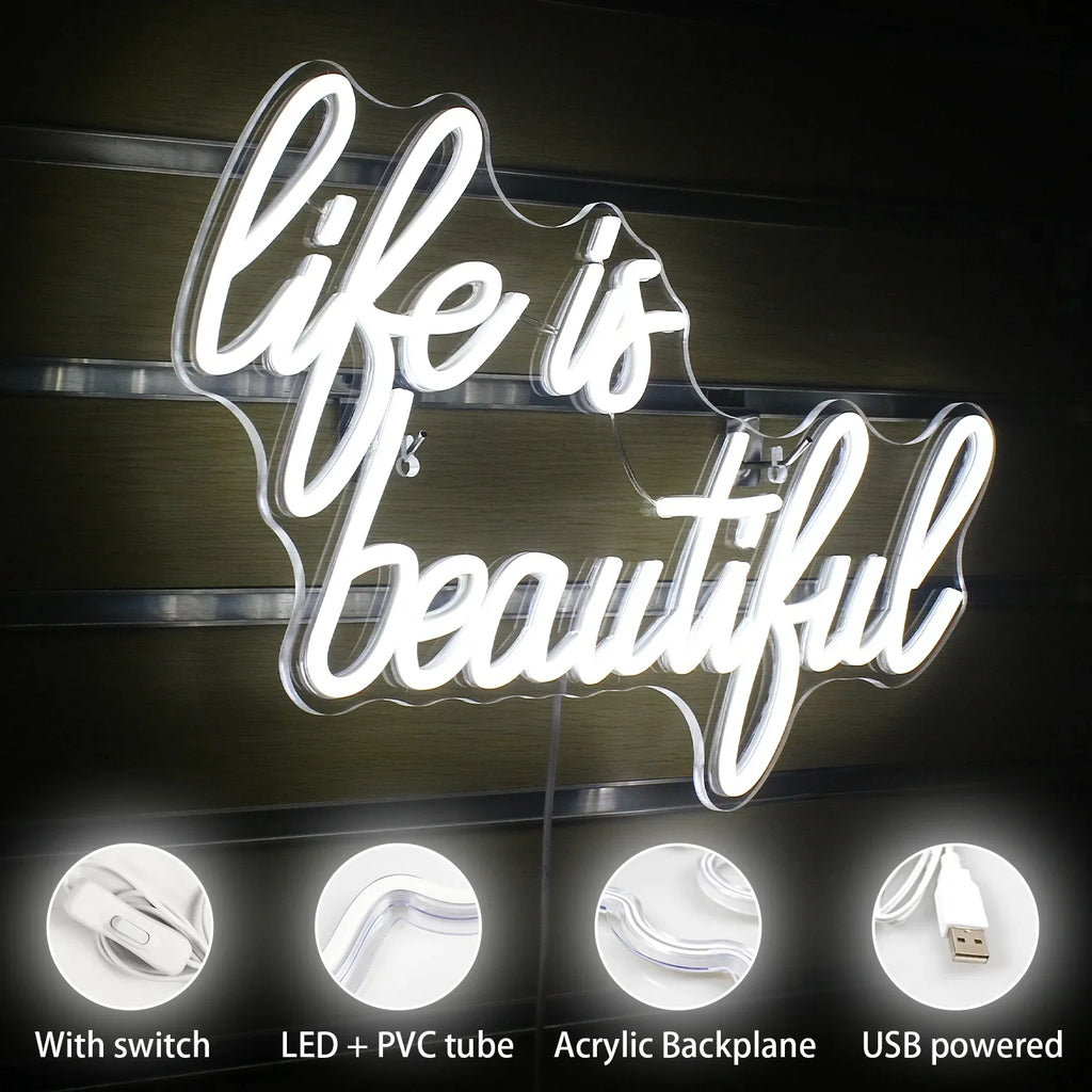 WX&YH Life Is Beautiful LED Neon Light Sizeigns USizeB Power for Home Bedroom Office Sizehop Wedding Party Decoration