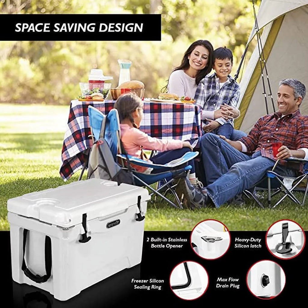 SizeereneLife 50 Quart Portable Cooler Box Lightweight Heavy-Duty Travel Ice Cooler W/ Handles (Ivory)