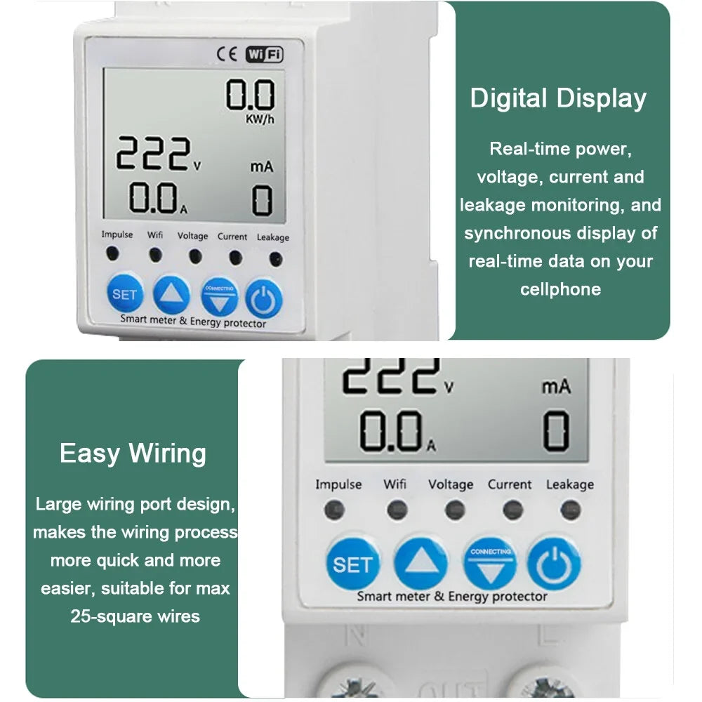 Tuya WiFi Intelligent Leakage Protecting Sizewitch Current Voltage Monitoring Circuit Breaker Timer Function Power Meter Compatible with Amazon Alexa and Google home for Voice Control