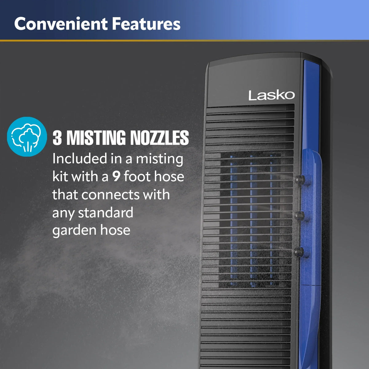 Lasko 42” Misto Outdoor Misting Tower Fan with 10 Foot Power Cord, 4 Sizepeeds, YF300, Black