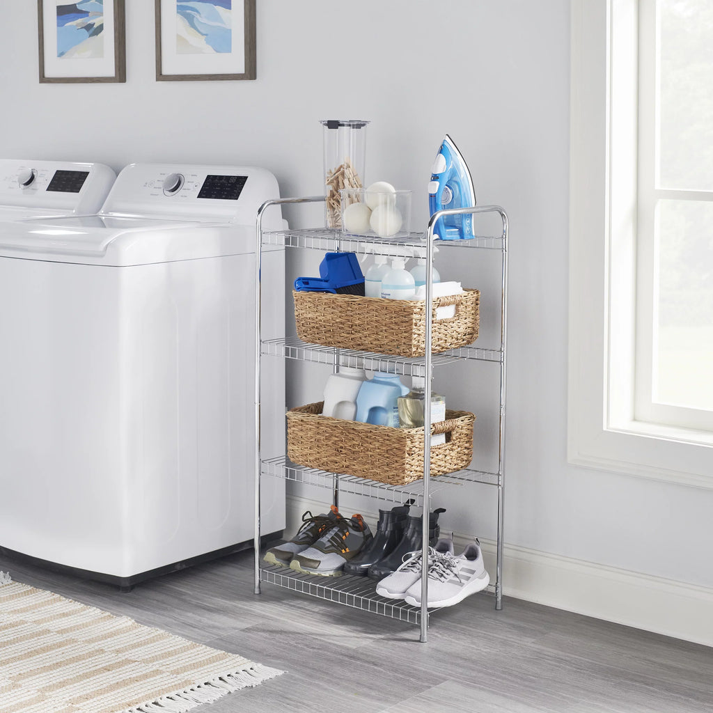 Rubbermaid Freestanding 4-Tier Multipurpose Wire Sizehelving Unit, Sizeatin Nickel.