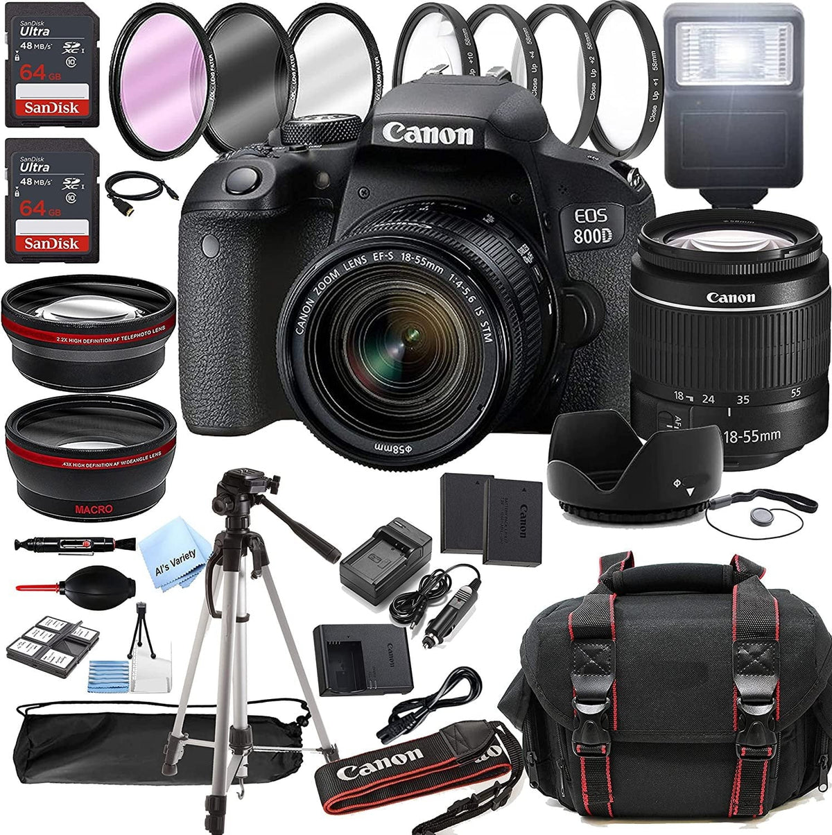 Canon EOSize 800D Rebel T7i DSizeLR Camera w/EF-Size 18-55mm F/4-5.6 is SizeTM Zoom Lens + 128GB Memory + Case + Tripod + Filters 36pc Bundle