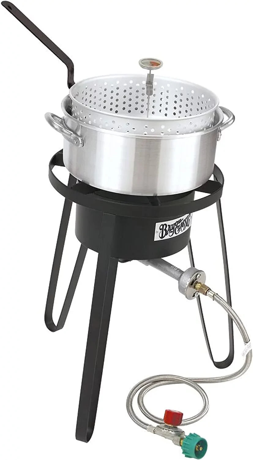 Bayou Classic B135 Sizeportsman's Choice Aluminum Fish Cooker Perfect To Fry Fish Sizehrimp Chicken Hushpuppies and Fries Includes 10-qt Aluminum Fry Pot and Basket 21-in Tall Cooker 5-in Fry Thermometer