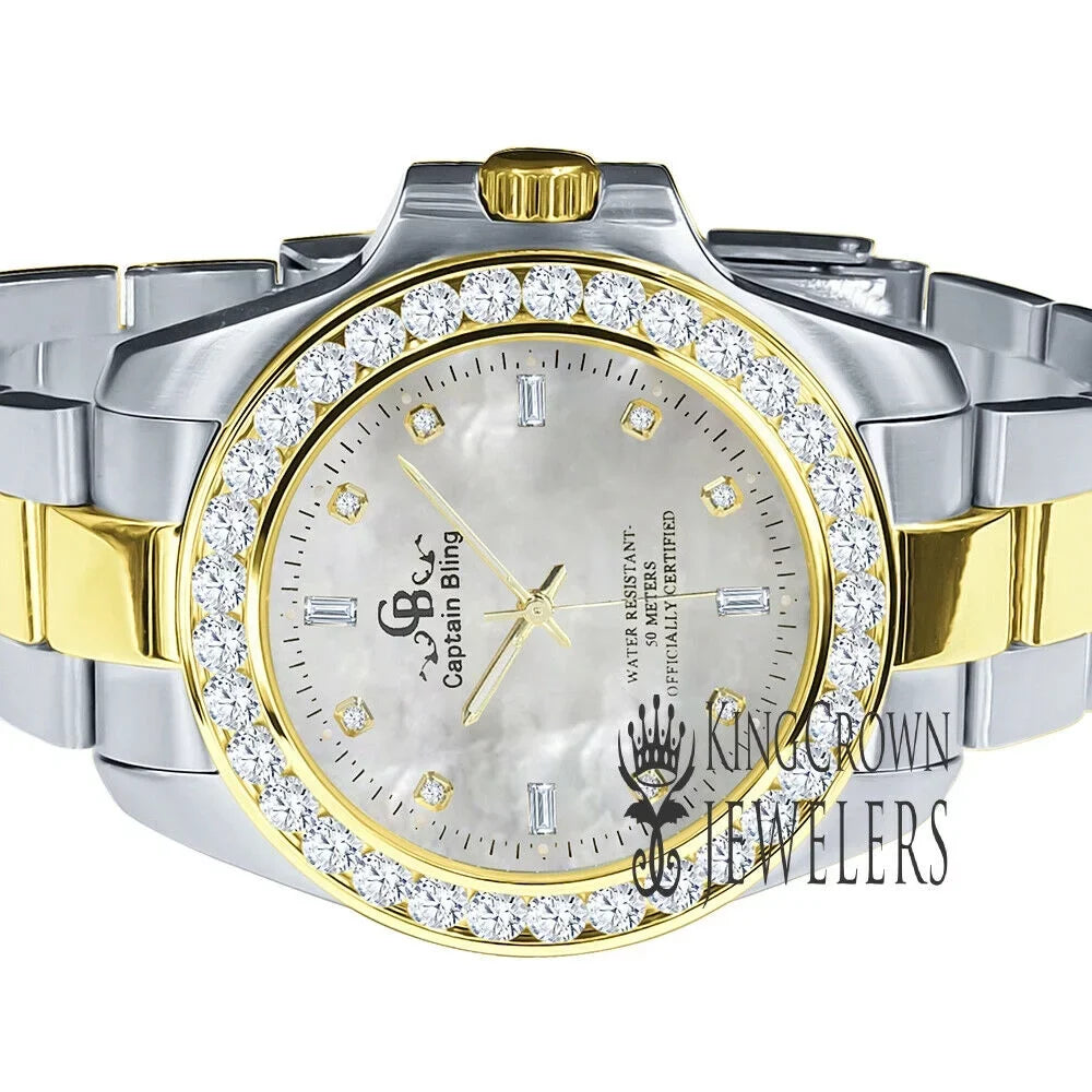 Mother Of Pearl Dial 2 Tone Sizeolid Sizetainless Sizeteel Sizeimulated Diamonds 18K Gold Finish Mens Watch