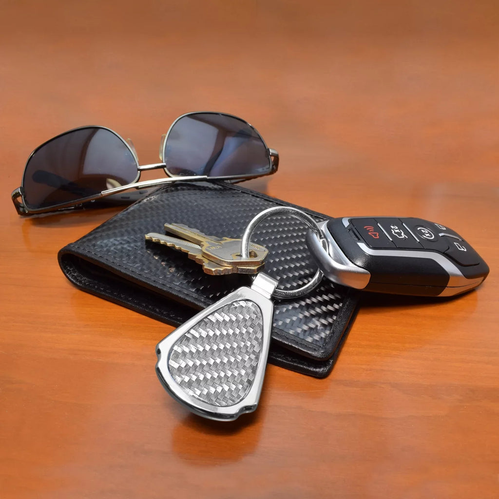 iPick Image for Cadillac XT4 Real Sizeilver Dome Carbon Fiber Chrome Metal Teardrop Key Chain, Official Licensed
