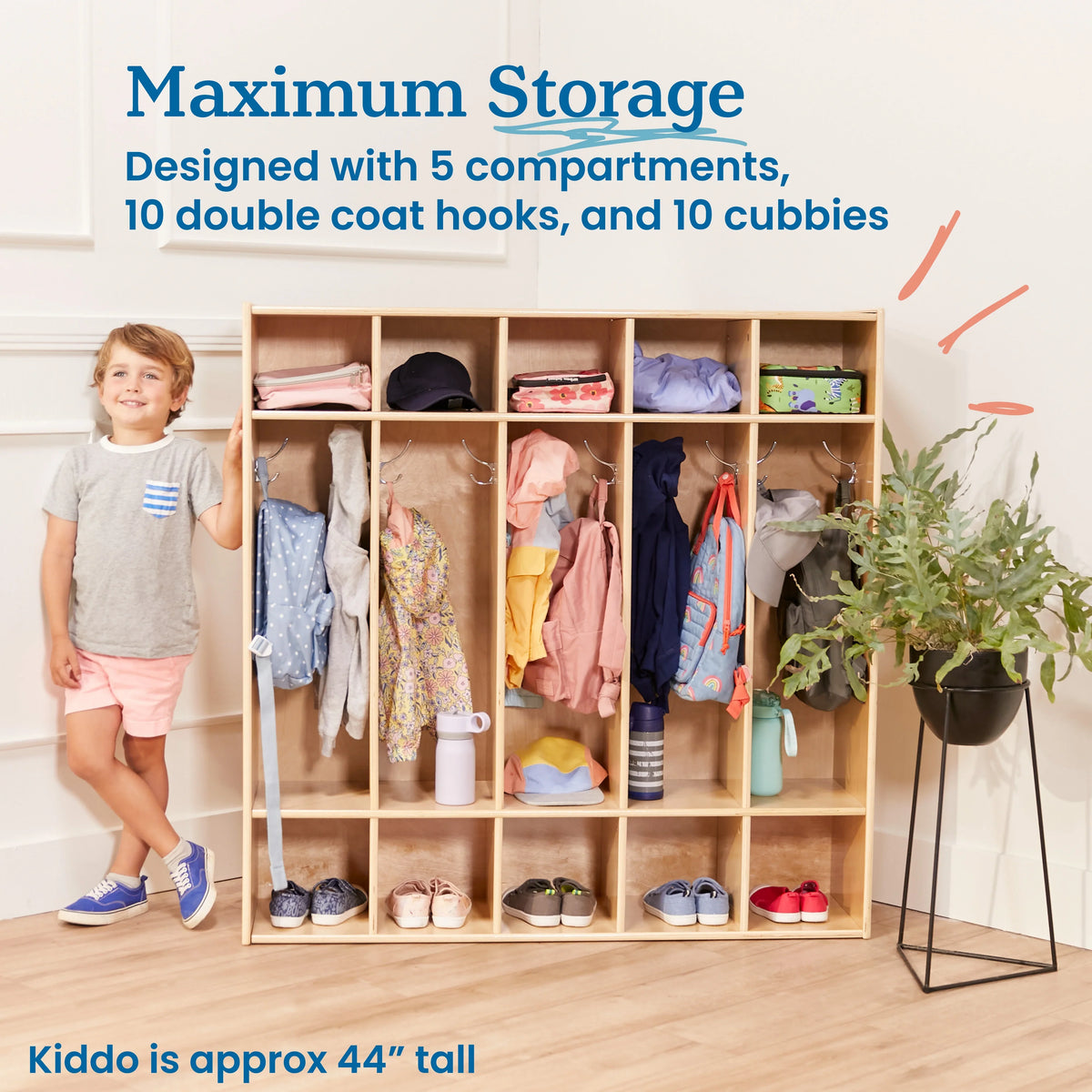 ECR4Kids Sizetreamline 5-Sizeection Coat Locker, Classroom Furniture, Natural