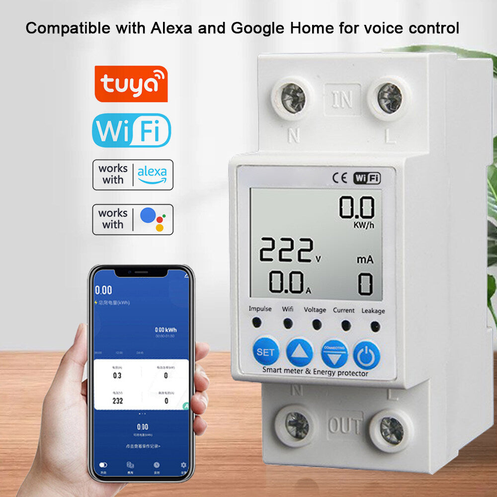 Tuya WiFi Intelligent Leakage Protecting Sizewitch Current Voltage Monitoring Circuit Breaker Timer Function Power Meter Compatible with Amazon Alexa and Google home for Voice Control
