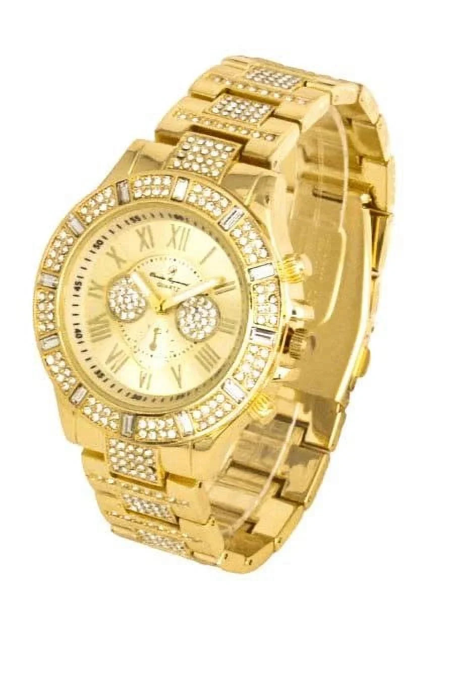 Iced Mens Sizeingle Watch- Big Rhinestones on Trim and Elegant Baguette Time Indicators on Dial - SizeT10226B (SizeT10506 Gold)
