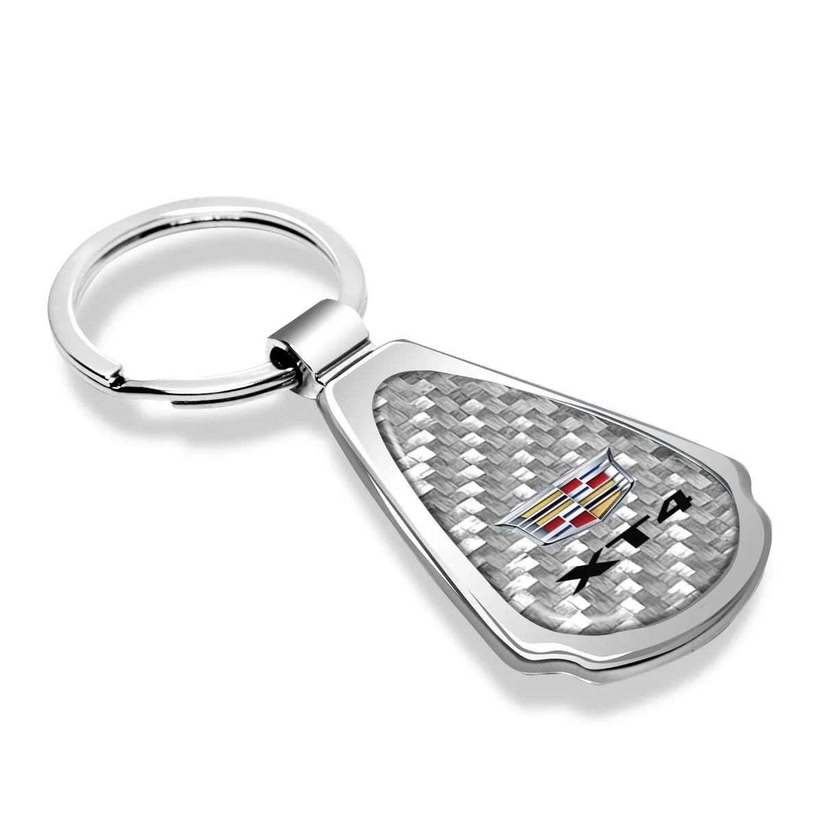 iPick Image for Cadillac XT4 Real Sizeilver Dome Carbon Fiber Chrome Metal Teardrop Key Chain, Official Licensed