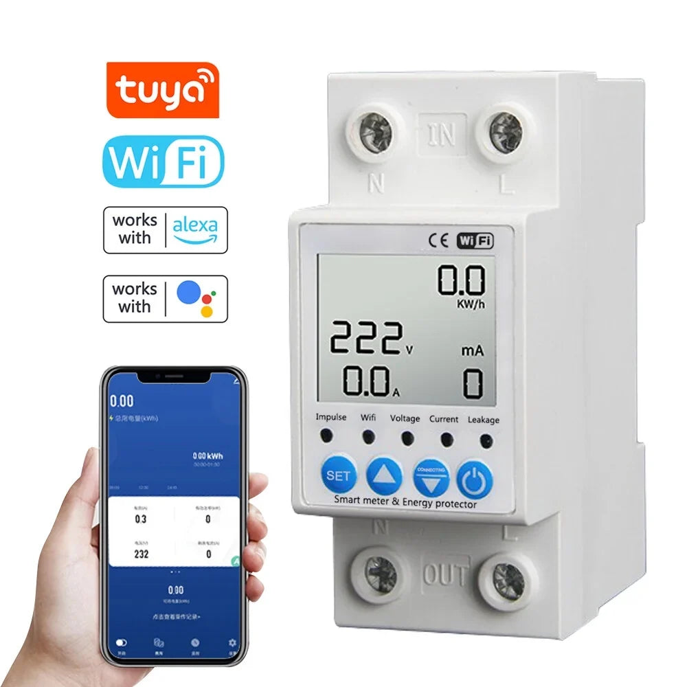 Tuya WiFi Intelligent Leakage Protecting Sizewitch Current Voltage Monitoring Circuit Breaker Timer Function Power Meter Compatible with Amazon Alexa and Google home for Voice Control