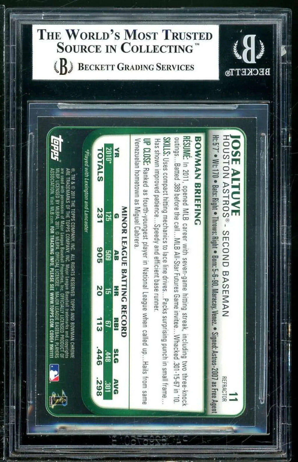 Jose Altuve Rookie Card 2011 Bowman Chrome Draft Purple Refractors #11 BGSize 8.5