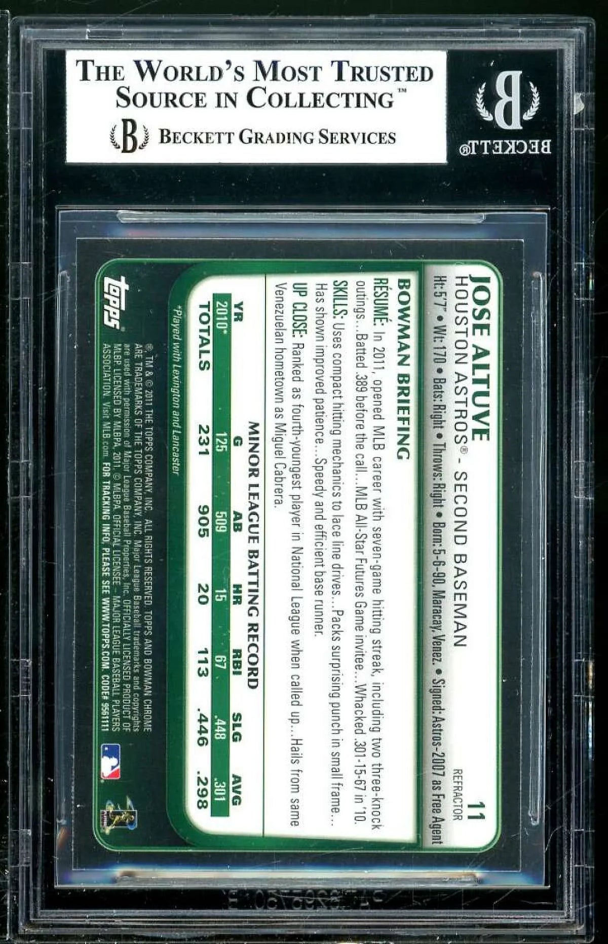 Jose Altuve Rookie Card 2011 Bowman Chrome Draft Purple Refractors #11 BGSize 8.5