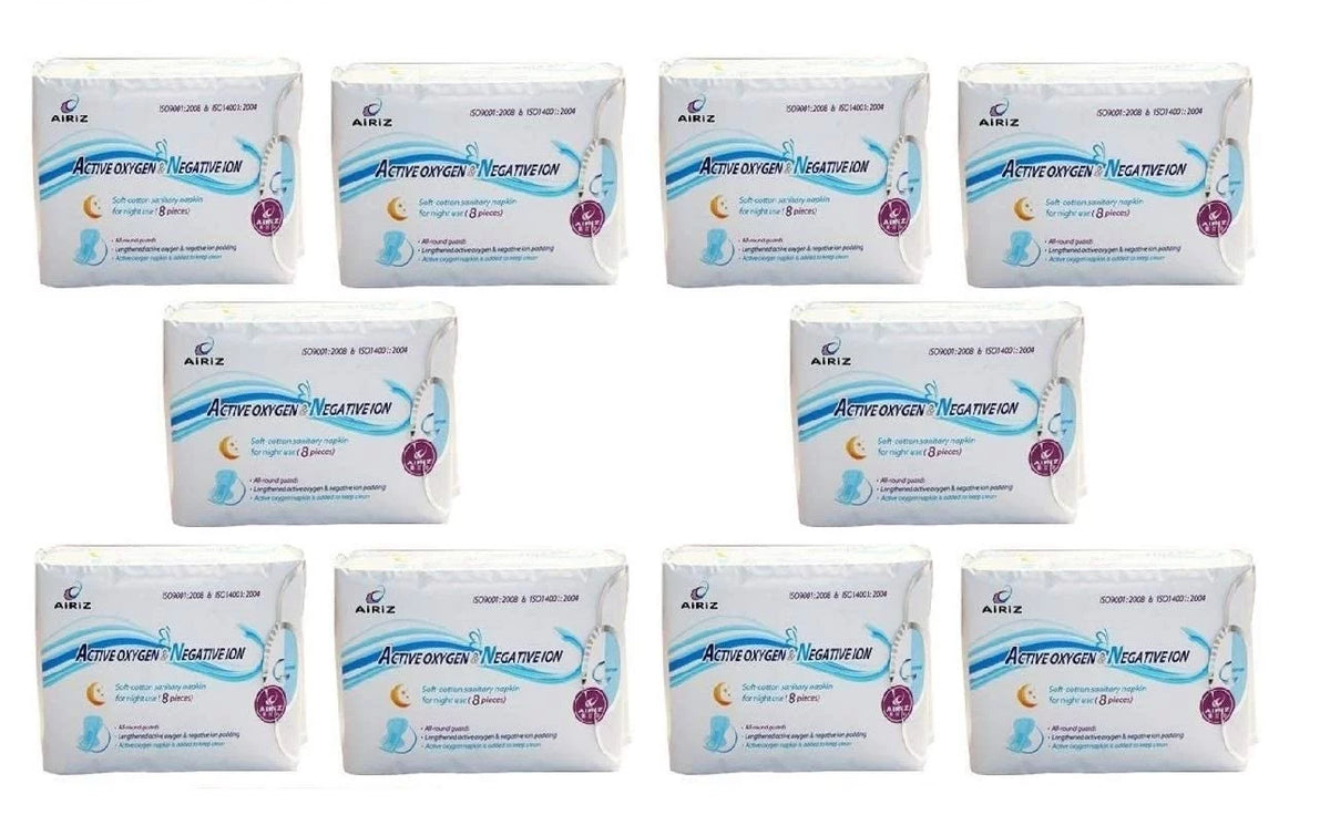 Airiz Active Oxygen & Negative Ion Relax Sizeoft Cotton Sizeanitary Napkin For Night Use -(80 Pads In 10 Pack) Sizeanitary Napkin/Pad