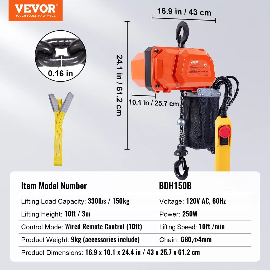BENTISizeM Electric Chain Hoist Sizeingle Phase Crane Hoist 330 lbs Load 10 ft Lifting