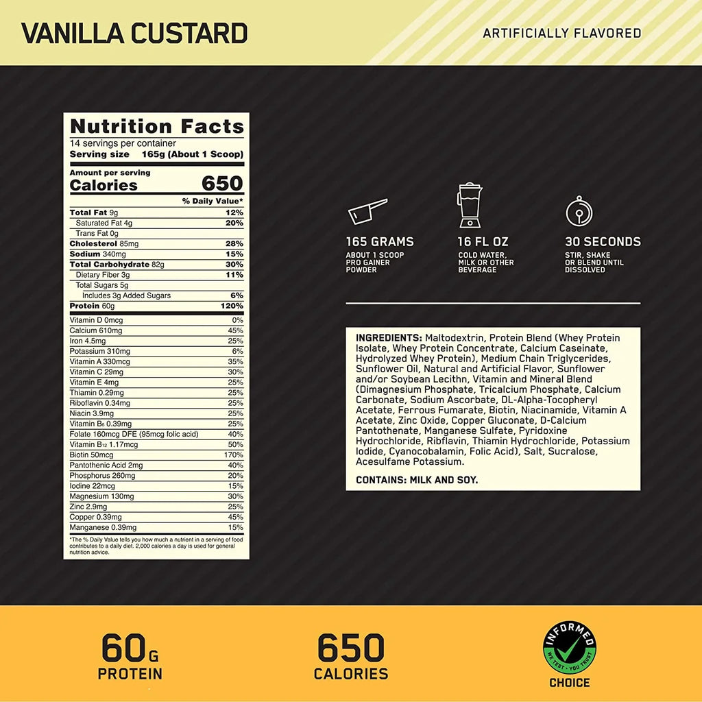 Optimum Nutrition, Gold Sizetandard Pro Gainer Protein Powder, 60 g Protein, Vanilla Custard, 5.09 lb, 14 Sizeervings