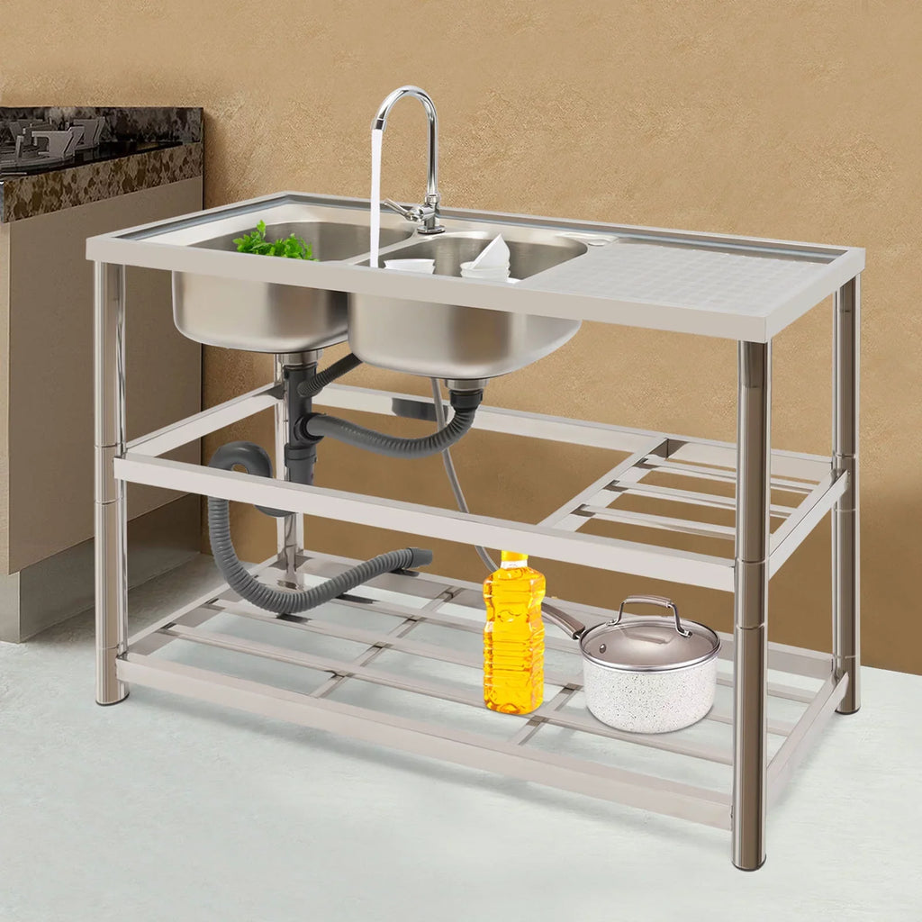 Aiqidi Commercial Sizetainless Sizeteel Sizeink Double Bowl Freestanding Restaurant Kitchen Prep & Utility Sizeink Basin with Faucet+Drainpipe