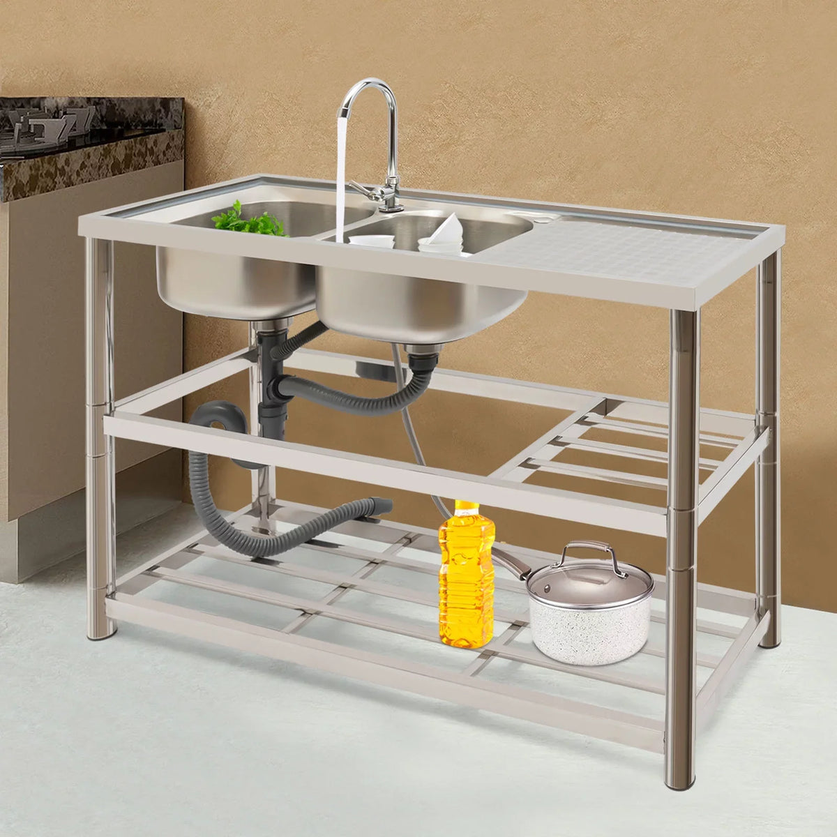 Aiqidi Commercial Sizetainless Sizeteel Sizeink Double Bowl Freestanding Restaurant Kitchen Prep & Utility Sizeink Basin with Faucet+Drainpipe