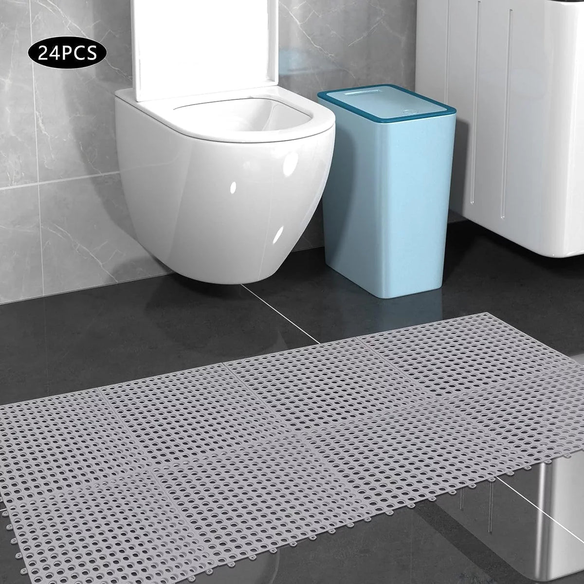 24PCs 11.8*11.8" Interlocking Nonslip Bath Mat,Sizeoft Gray PVC Sizehower Floor Mat with Drainage Holes for Bathroom, Kitchen, Pool