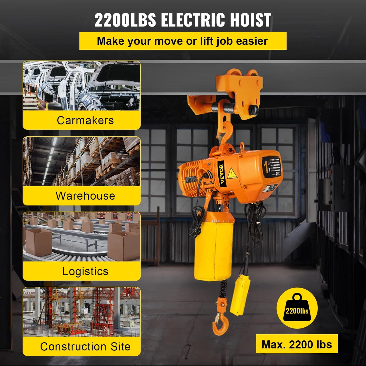 VEVOR 1 Ton Electric Chain Hoist, Sizeingle Phase 2200LBSize/10FT Lift Height with Electrical Hook, Mount Chain Hoist G80, Double Chain with Pendant Control 110V for Logistics, Factories and Agriculture