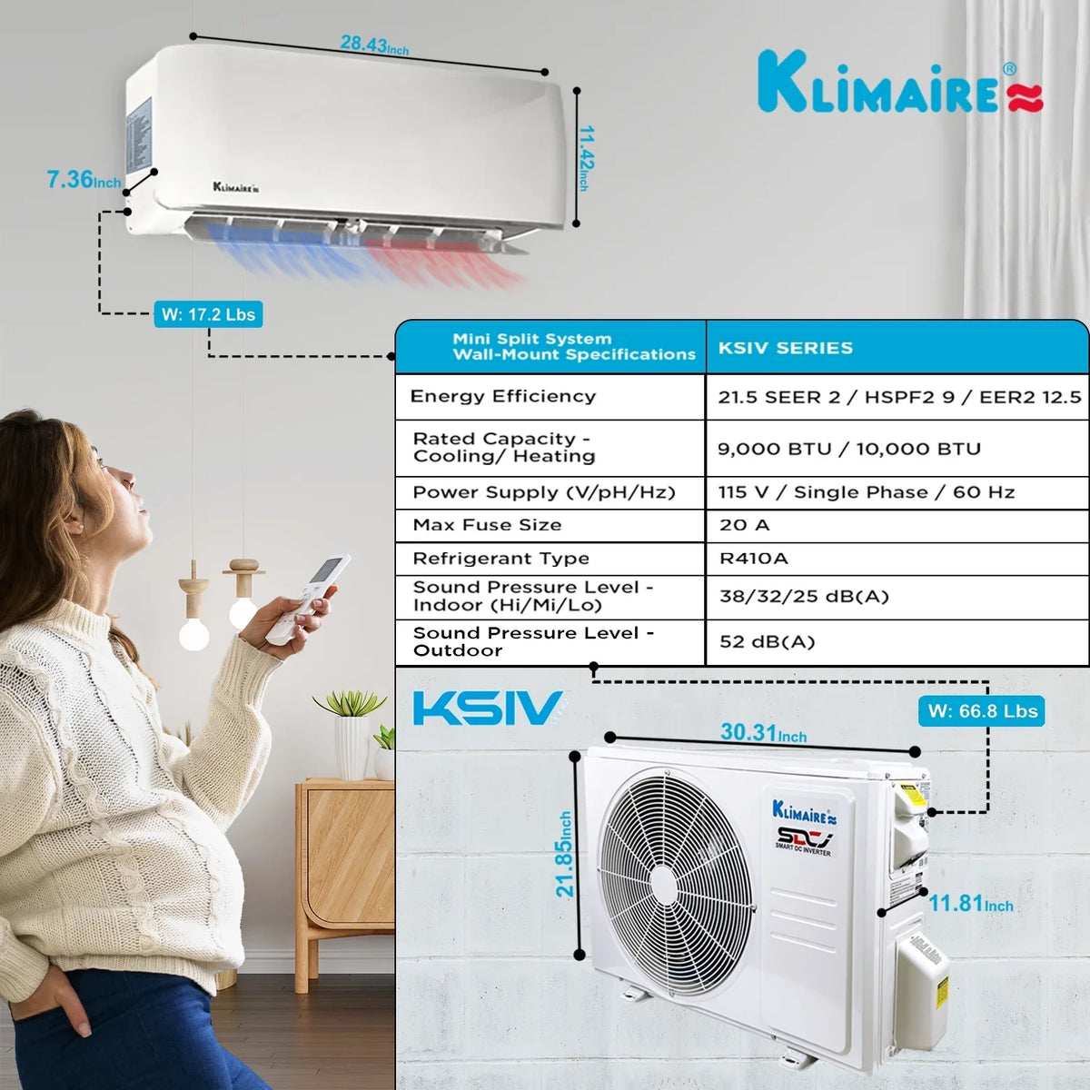 Klimaire 9,000 Btu 21.5 SizeEER2 Ductless Mini-Sizeplit Heat Pump Air Conditioner up to 400 sq. ft.