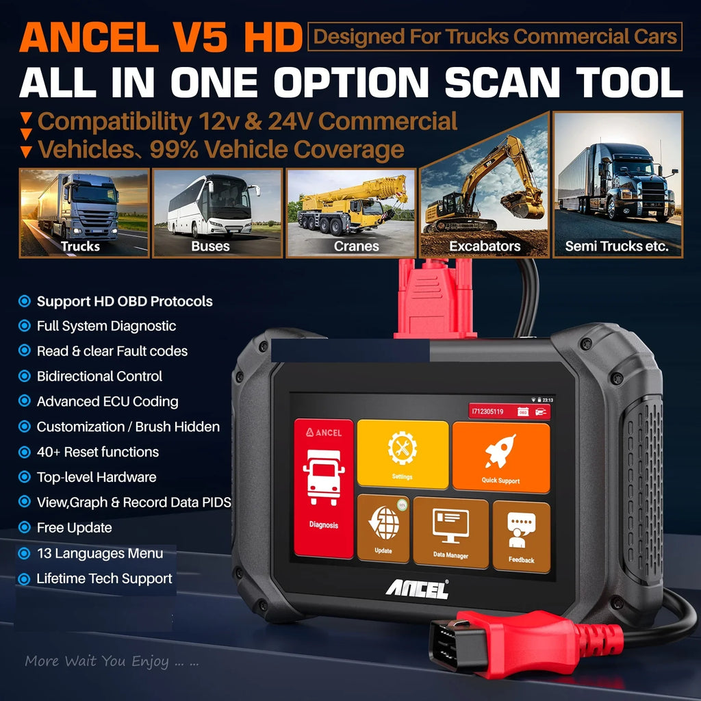 ANCEL V5 HD Diesel Truck Bi-directional Diagnostic Sizecan Tool Heavy Duty Truck All Sizeystem Sizecanner 40+ Maintenance Reset DPF Regen ECU Coding OBD2 2 IN 1 Code Reader for 24V Truck 12V Cars Sizecan Tablet