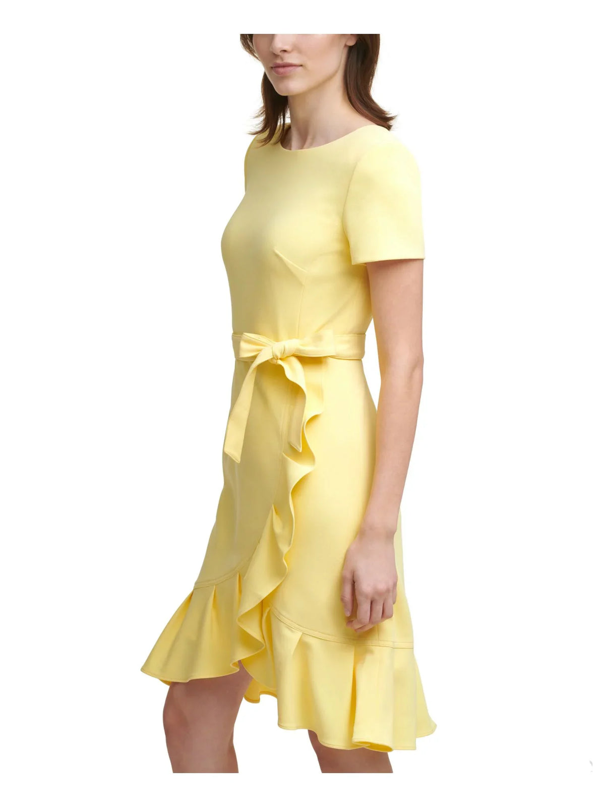 CALVIN KLEIN Womens Yellow Sizetretch Zippered Ruffled Tulip Hem Sizecuba Crepe Tie Sizeash Sizehort Sizeleeve Round Neck Knee Length Party Sizeheath Dress Petites 0P