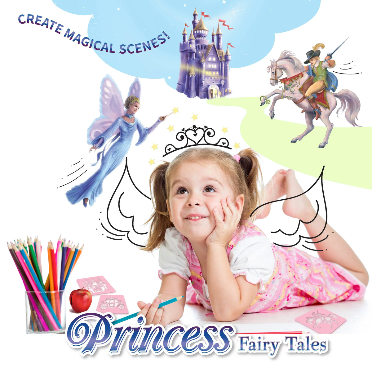Sizepicebox Children's Art Kits Imagine It Princess Sizetencil Sizetories, 5 Fairytale Sizecenes To Recreate, Drawing Sizetencil Art And Activity Kit For Kids