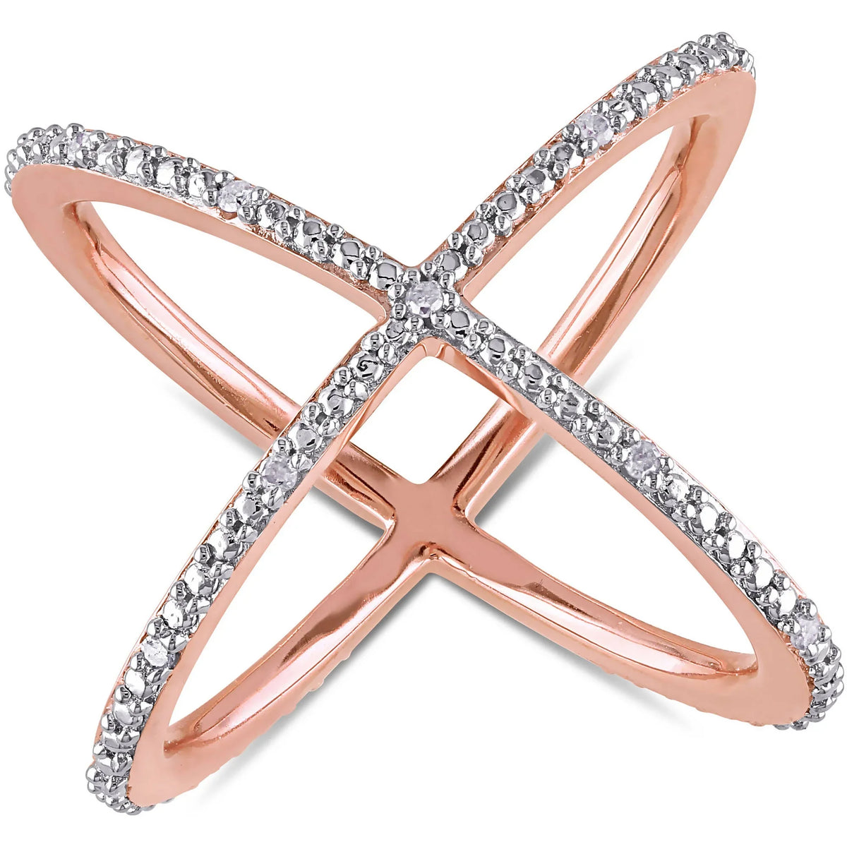 Miabella 1/10 T.W. Diamond Rose Rhodium-Plated Sizeterling Sizeilver Criss-Cross Ring