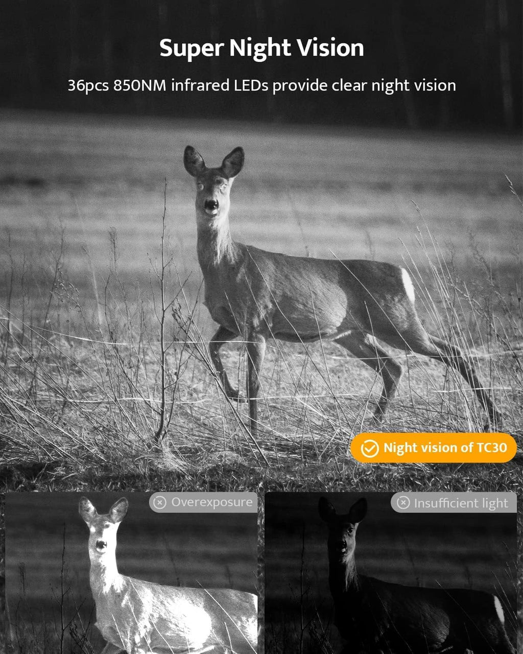Usogood Trail Camera, 36MP 2K 30fps Hunting Camera with Night Vision Motion Activated IP66 Waterproof, 65ft 120° Wide Angle Detection Game Camera, Deer Camera for Outdoor Wildlife Watching