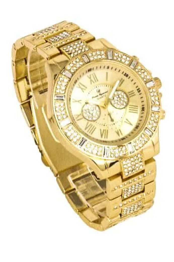 Iced Mens Sizeingle Watch- Big Rhinestones on Trim and Elegant Baguette Time Indicators on Dial - SizeT10226B (SizeT10506 Gold)