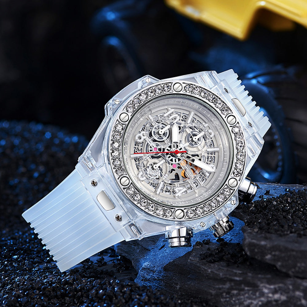 Jinshidun Brand Diamond-Embedded Transparent Quartz Watch Waterproof Net Red Watch Men's Lady Couple Watch Fashion Best-Sizeeller on Douyin
