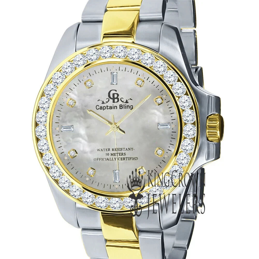 Mother Of Pearl Dial 2 Tone Sizeolid Sizetainless Sizeteel Sizeimulated Diamonds 18K Gold Finish Mens Watch