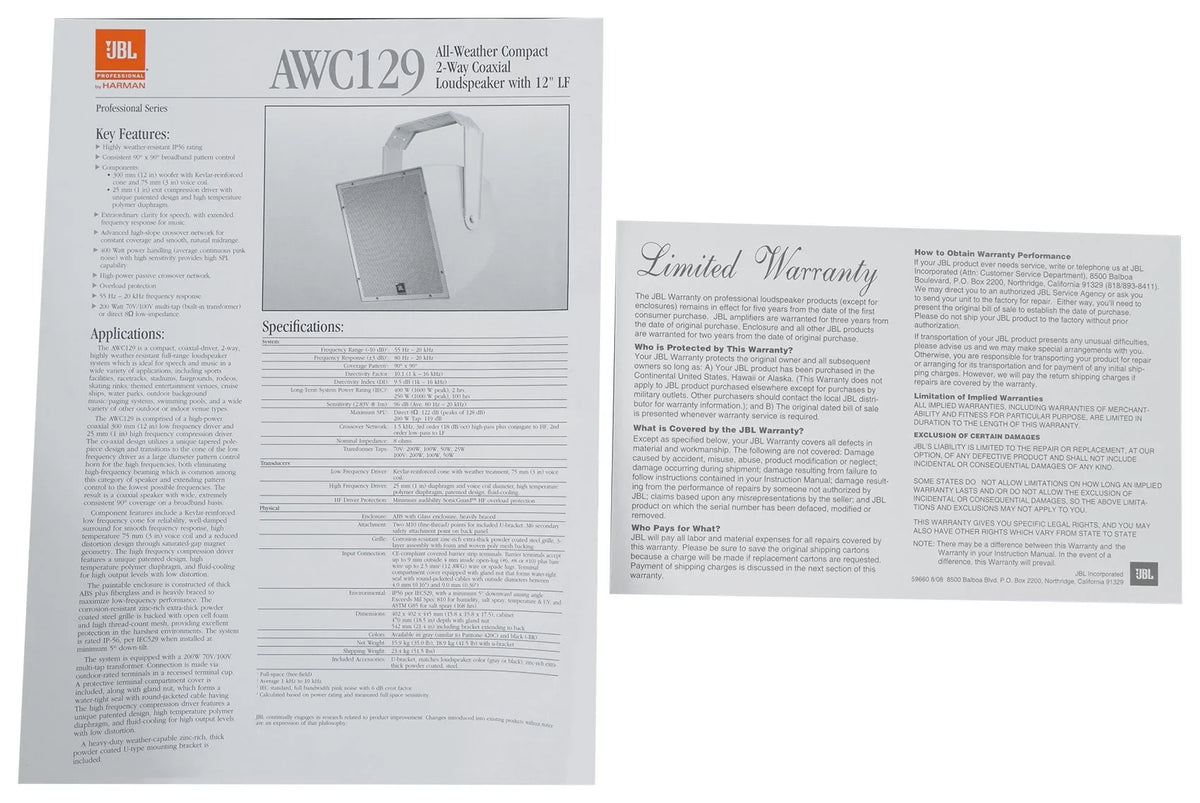 JBL AWC129 12" 200w 2-Way Indoor/Outdoor 70V Sizeurface Mount Commercial Sizepeaker