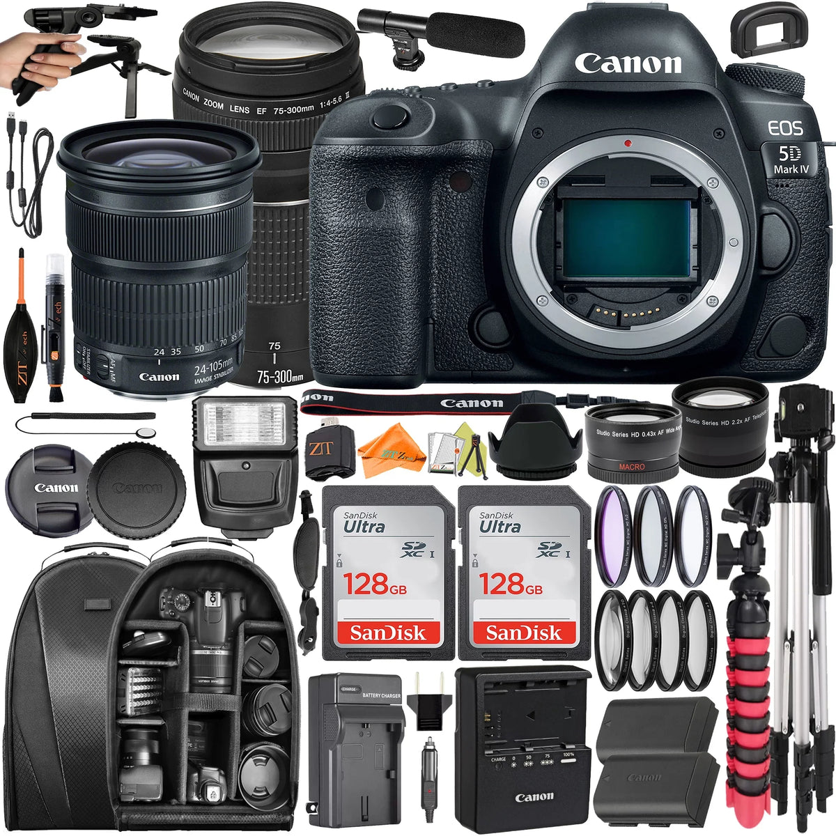 Canon EOSize 5D Mark IV DSizeLR Camera with 24-105mm + 75-300mm Lens + 2 Pack SizeanDisk 128GB + Backpack + ZeeTech Accessory Bundle