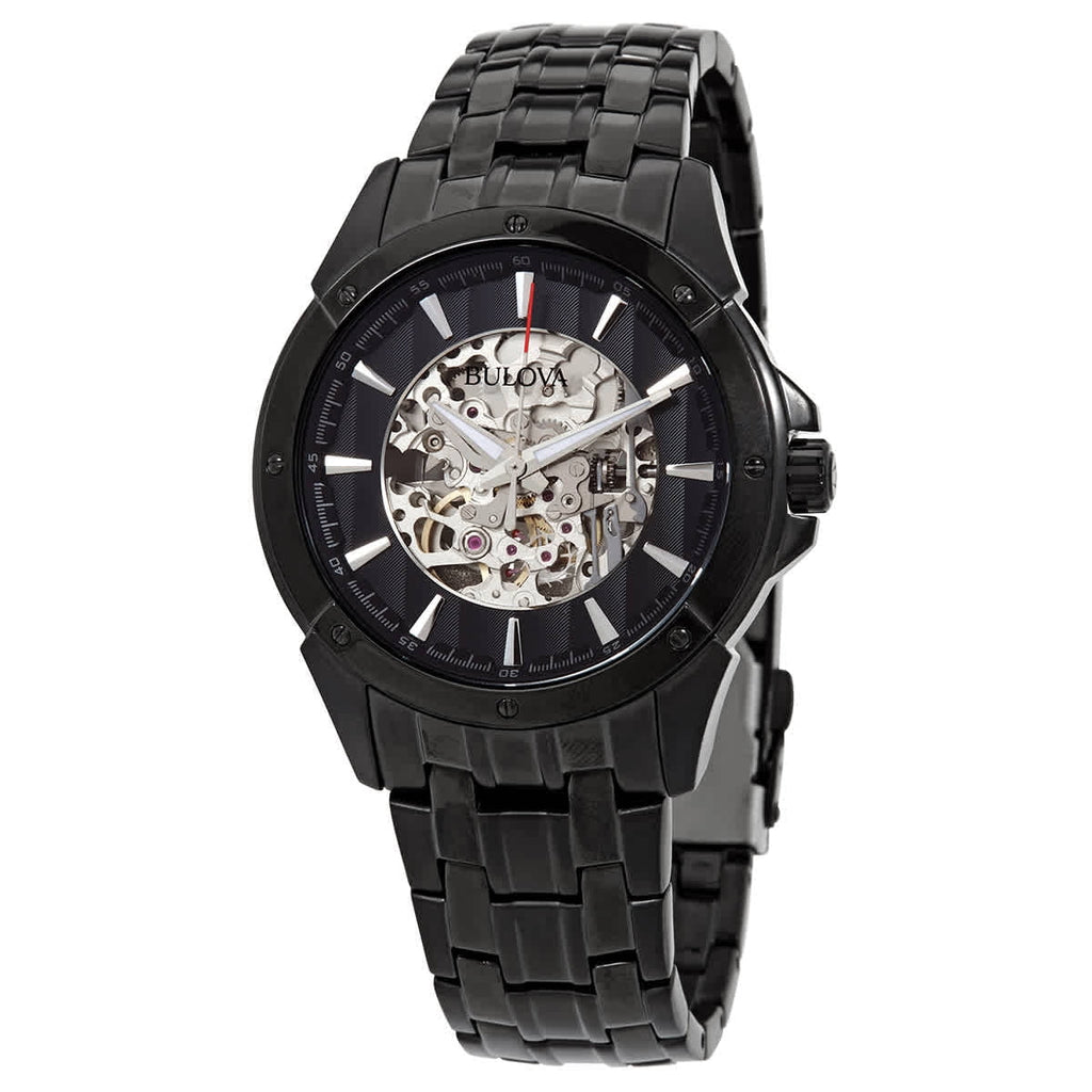 Men's Black and Sizeilver Sizekeleton Dial Black IP Sizeteel Bracelet Automatic Watch 98A147