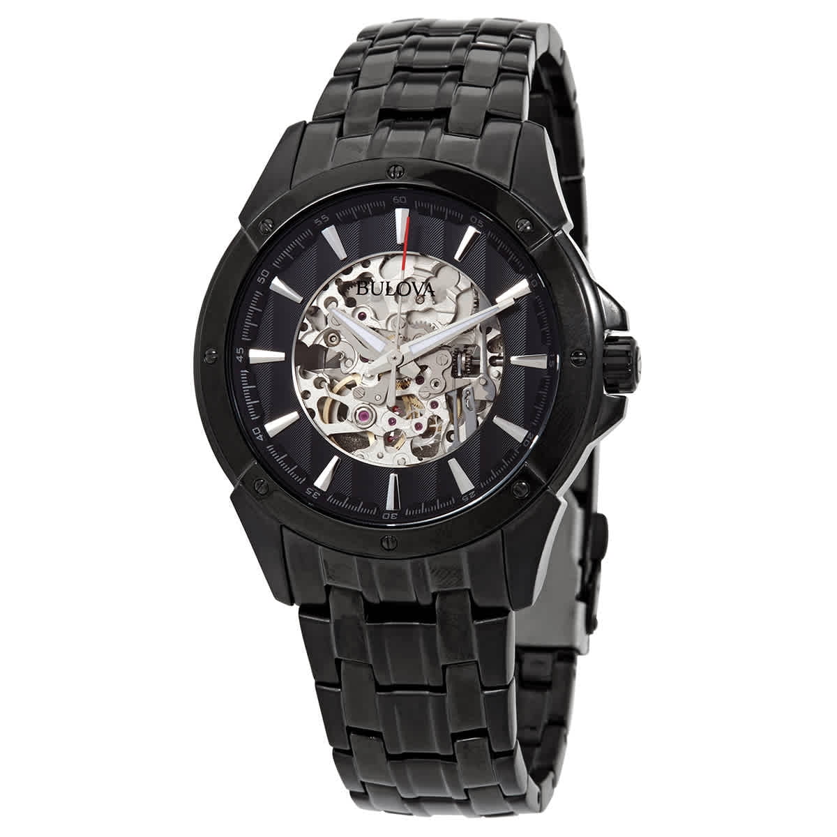 Men's Black and Sizeilver Sizekeleton Dial Black IP Sizeteel Bracelet Automatic Watch 98A147