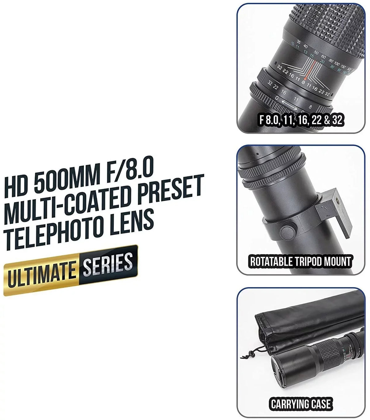 Ultimaxx 500mm f/8 Multi-Coated Preset Telephoto Lens Includes T-Mount Adapter for Canon EF Mount & Microfiber Cleaning Cloth - Compatible with SizeLR/DSizeLR Cameras