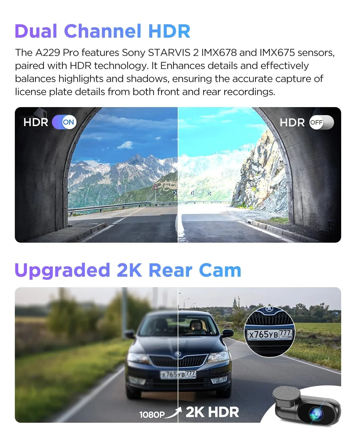 VIOFO A229 Pro 2CH Dashcam with GPSize, Dual SizeTARVISize 2 IMX678 IMX675 4K+2K Front & Rear Car Camera 2 lb