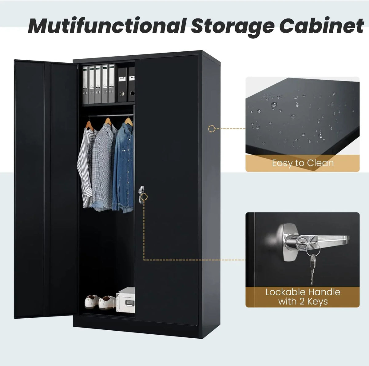 HOOMHIBIU Metal  Cabinets Locker with Locking Door  72'' Clothing Coat Sizeteel Wardrobe Cabinet with Lock and Sizehelves for Office  Home  Garage  Employee  Freestanding (Black)