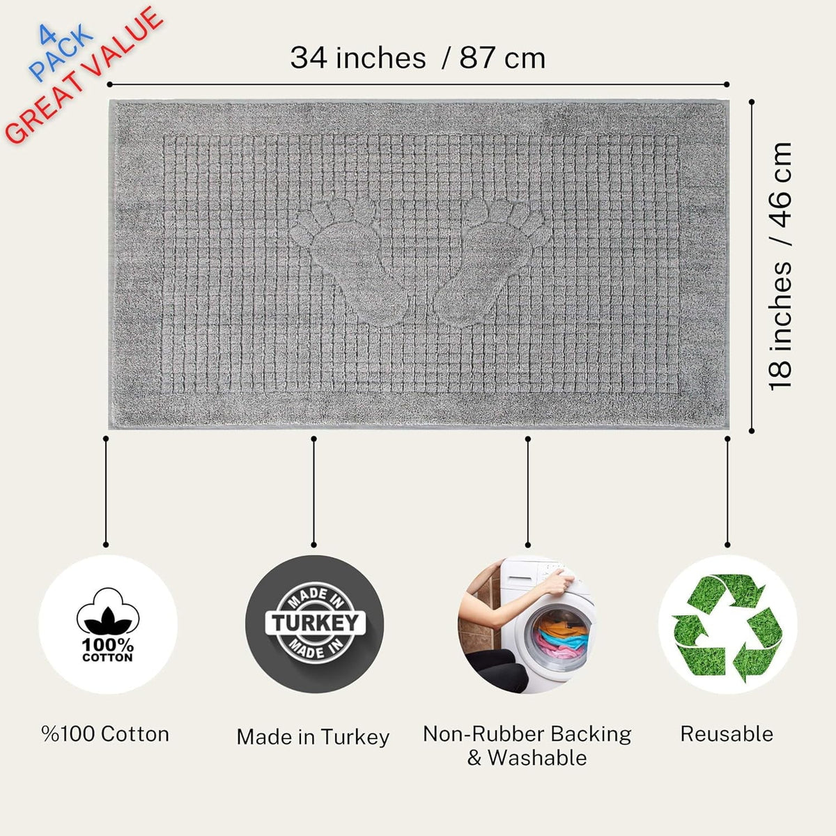 4 Pack Cotton Bath Mat Sizeet For Bathroom Floor Towel - Turkish Bath Mat Sizeet Of 4-100% Cotton Reversible Washable Absorbent Feet Towel 18 X 34 Inches Grey