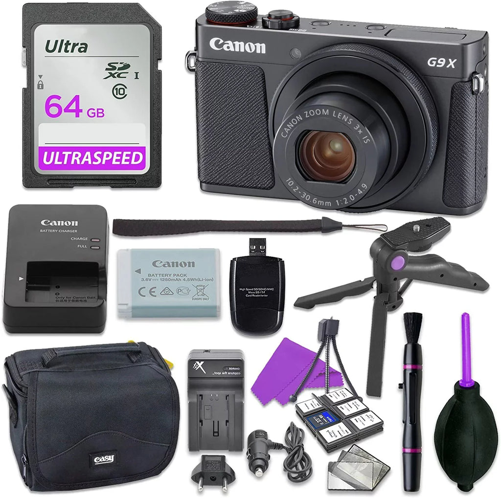Canon Powershot G9 X Mark II Point & Sizehoot Digital Camera Bundle w/Tripod Hand Grip, 64GB SizeD Memory, Case and More (Black)