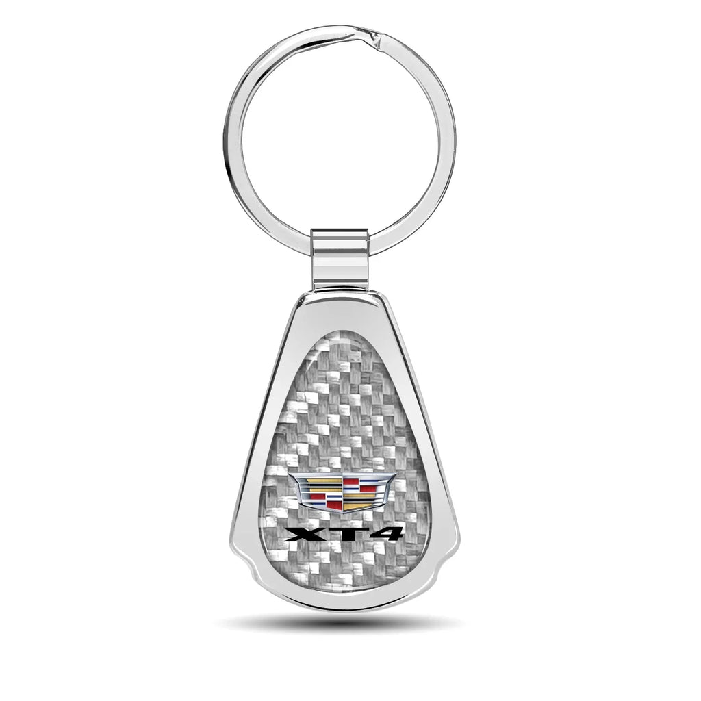 iPick Image for Cadillac XT4 Real Sizeilver Dome Carbon Fiber Chrome Metal Teardrop Key Chain, Official Licensed