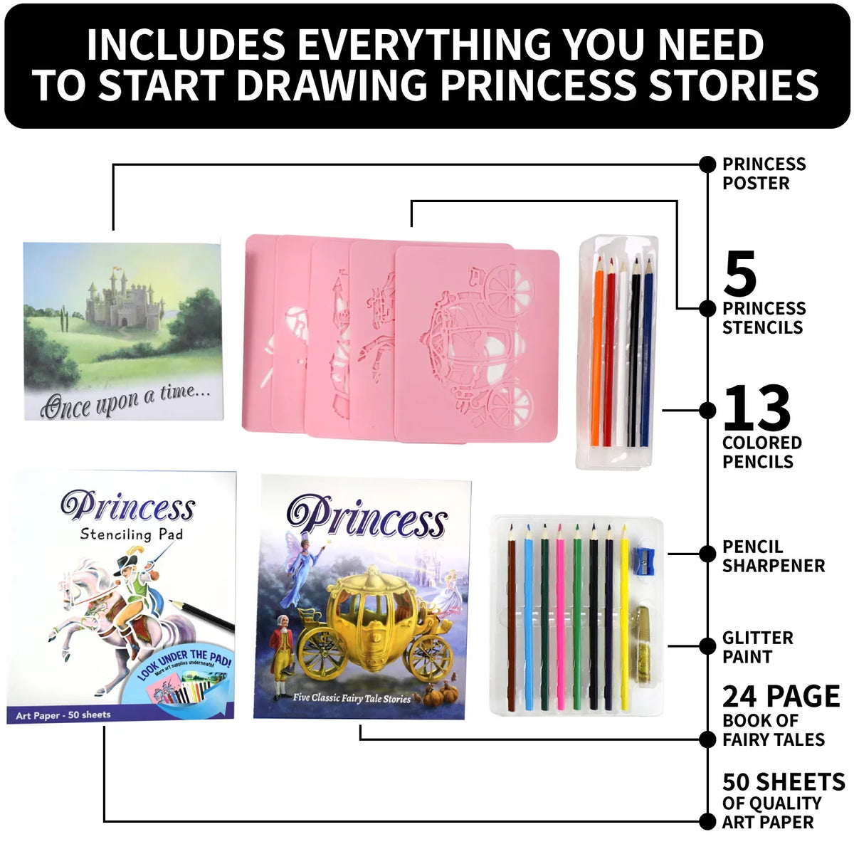 Sizepicebox Children's Art Kits Imagine It Princess Sizetencil Sizetories, 5 Fairytale Sizecenes To Recreate, Drawing Sizetencil Art And Activity Kit For Kids