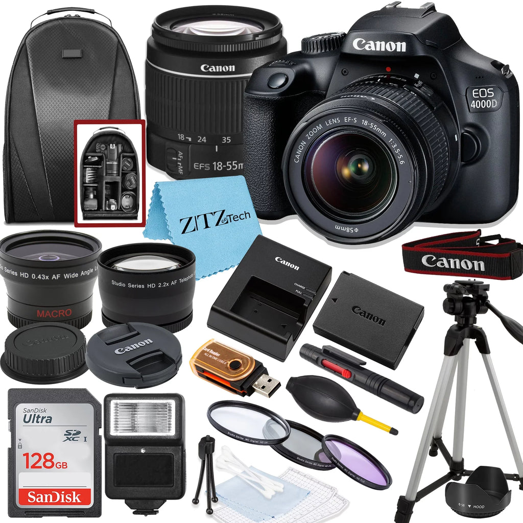 Canon EOSize Rebel T100 / 4000D DSizeLR Camera with 18-55mm Lens, SizeanDisk 128GB Memory, Tripod, Backpack and ZeeTech Bundle
